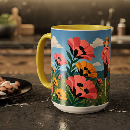 🌸⛵ The Seaside Blossom Promenade Colorful Mug – Art Deco Coastal Elegance