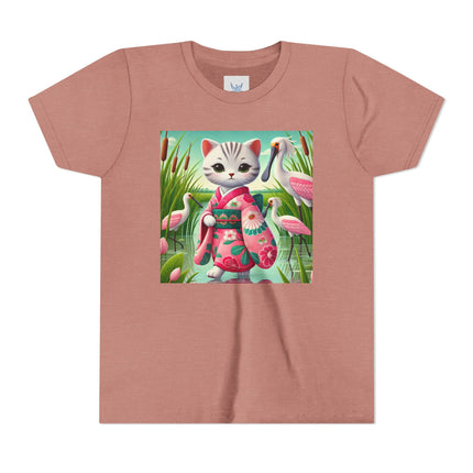 Geisha Kitten Strolls Among the Spoonbills Youth Short Sleeve Tee