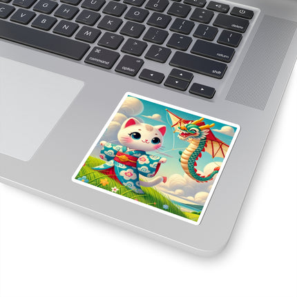 🪁🐉 Geisha Kitten and the Dragon Kite Kiss-Cut Sticker – Joyful Flight & Dragon Spirit