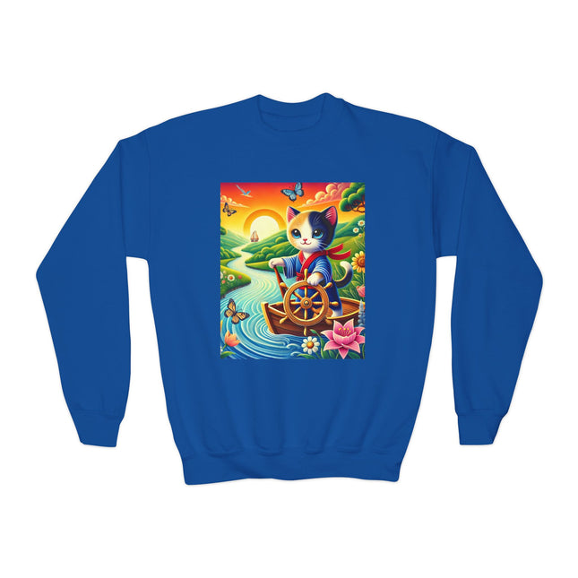 Sailor Kitten’s River Adventure Youth Crewneck Sweatshirt – Exploration, Joy & Storybook Adventure