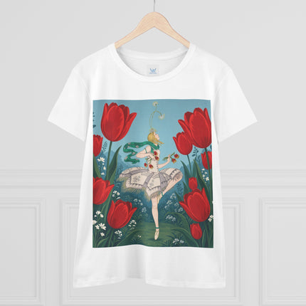 🌷🩰 The Scarlet Tulip Ballet Cotton Tee – Art Deco Floral Whimsy