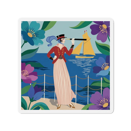 🌊🔭 The Lady Of The Seaside Lookout Die-Cut Magnets – Art Deco Nautical Adventure