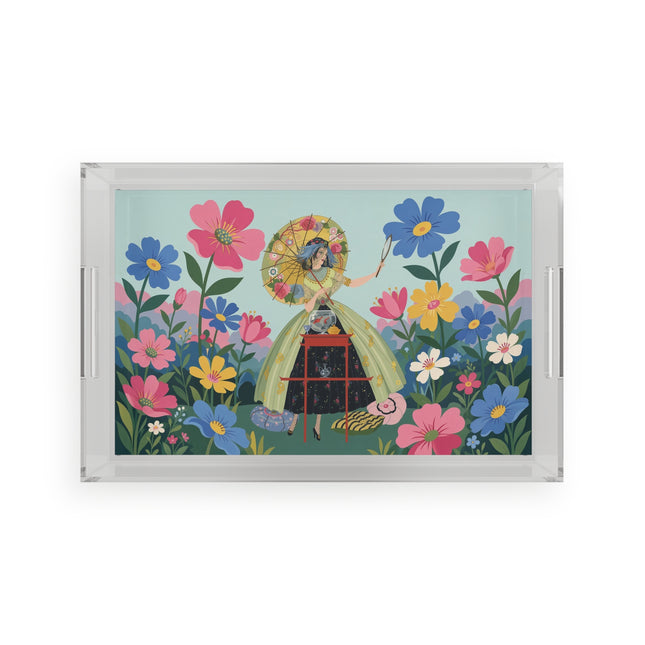🌸🪞 The Floral Parasol Reflection Acrylic Serving Tray – Art Deco Garden Fantasy