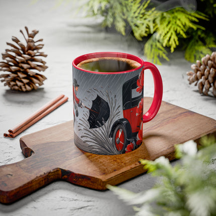 ☔🌹 The Scarlet Rainstorm Promenade Colorful Mug – Art Deco Motoring Elegance