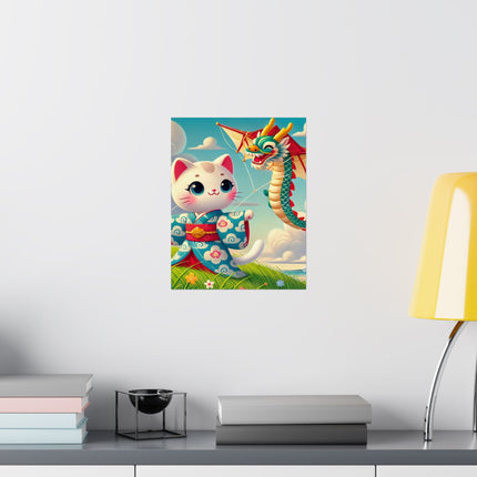 🪁🐉 Geisha Kitten and the Dragon Kite Matte Vertical Poster – Joyful Flight & Dragon Spirit
