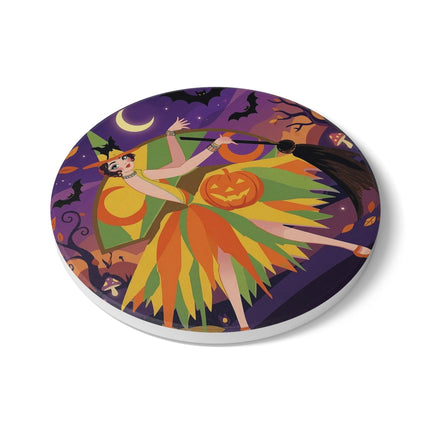 🎃🧙 The Witch Of Jack-O'-Lantern Hollow Ceramic Coaster – Whimsical Halloween Charm