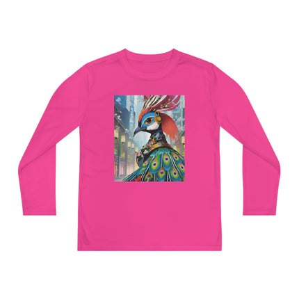 Techno Plumes Youth Long Sleeve Competitor Tee – Futuristic Elegance & Neon Feathers