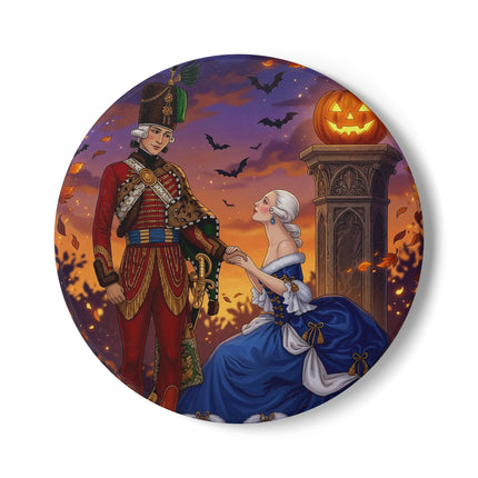 🎃💙 The Pumpkin Lantern Courtship Ceramic Coaster – Romantic Halloween Elegance