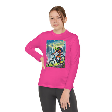 Cyberpunk Frog Youth Long Sleeve Competitor Tee – Neon Trails & Futuristic Adventure