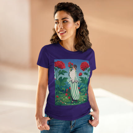 🌹🌿 The Scarlet Rose Garden Cotton Tee – Art Deco Floral Whimsy