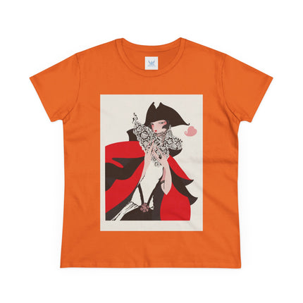 Crimson Masquerade Women's Midweight Cotton Tee – Dramatic Elegance & Art Deco Mystery
