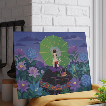 🧶🌸 The Lady Of The Lotus Threads Glass Cutting Board – Art Deco Floral Sewing Elegance