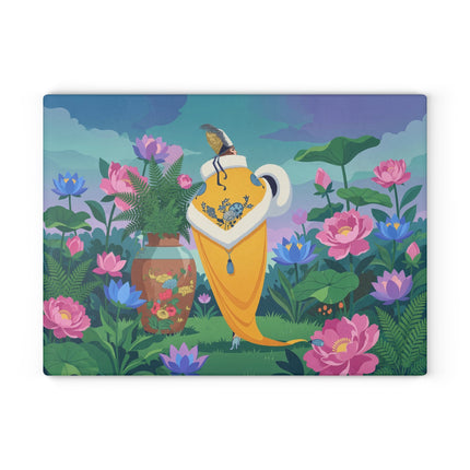 🌸✨ The Lady Of The Golden Garden Glass Cutting Board – Art Deco Floral Elegance