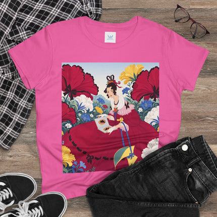 ❤️🌺 The Scarlet Garden Storybook Cotton Tee – Art Deco Floral Elegance