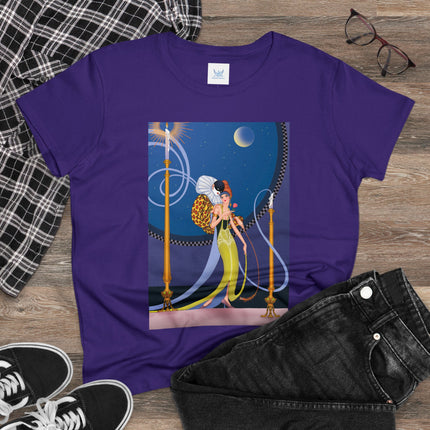 Smoke and Secrets: A Glamorous Encounter in Prohibition Era Women's Midweight Cotton Tee