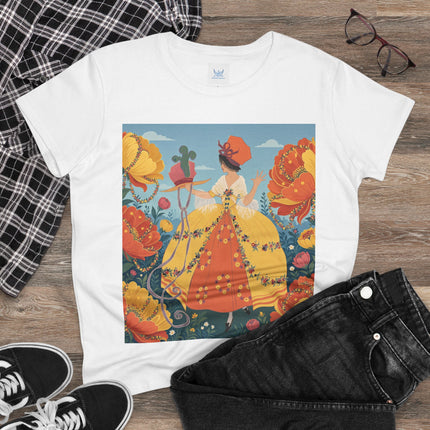 🧡🌼 The Golden Flower Promenade Cotton Tee – Art Deco Floral Elegance