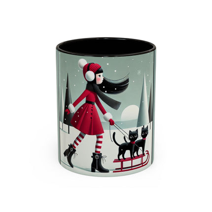 Red Sled & Curious Cats Colorful Mugs (11oz, 15oz)